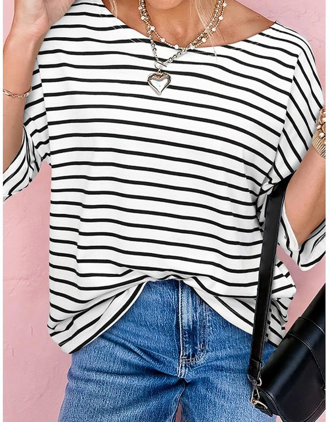 Black Stripe Half Sleeve Scoop Neck Loose Top