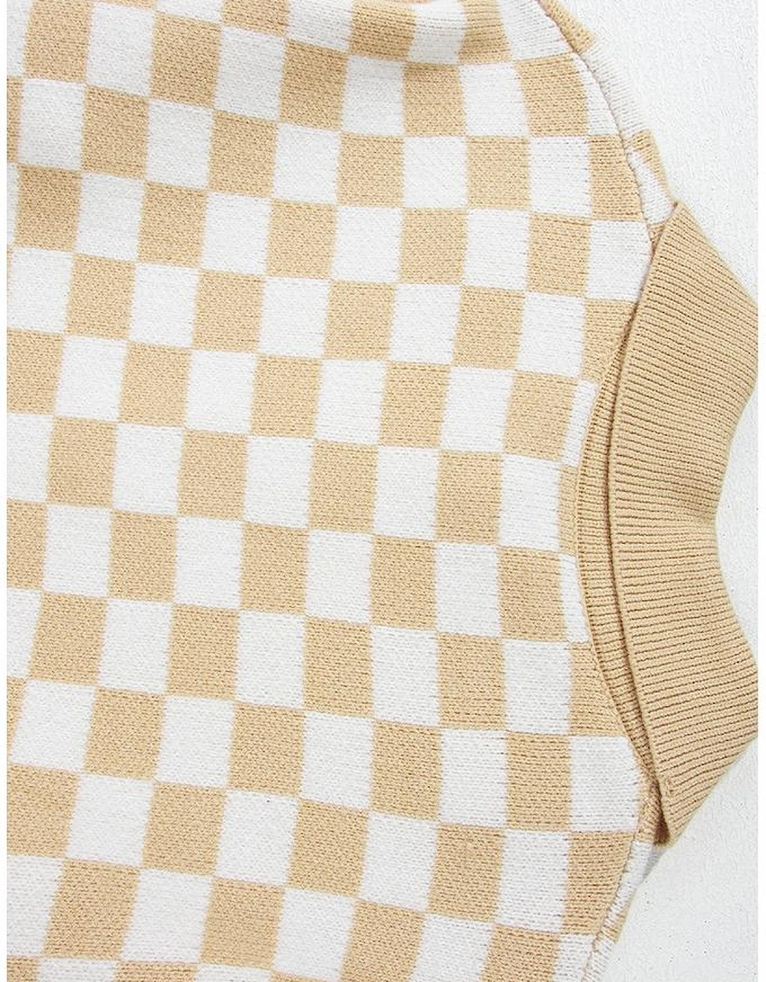 Apricot Checkered Buttons Collar V Neck Drop Shoulder Sweater