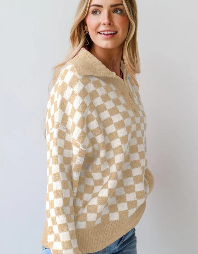 Apricot Checkered Buttons Collar V Neck Drop Shoulder Sweater