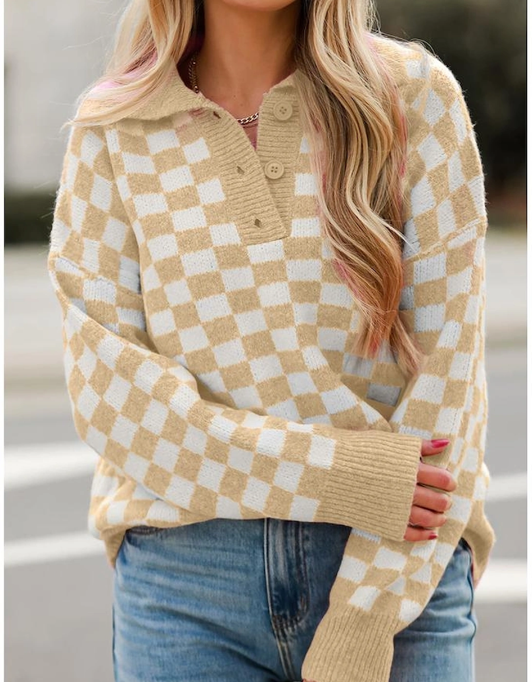 Apricot Checkered Buttons Collar V Neck Drop Shoulder Sweater