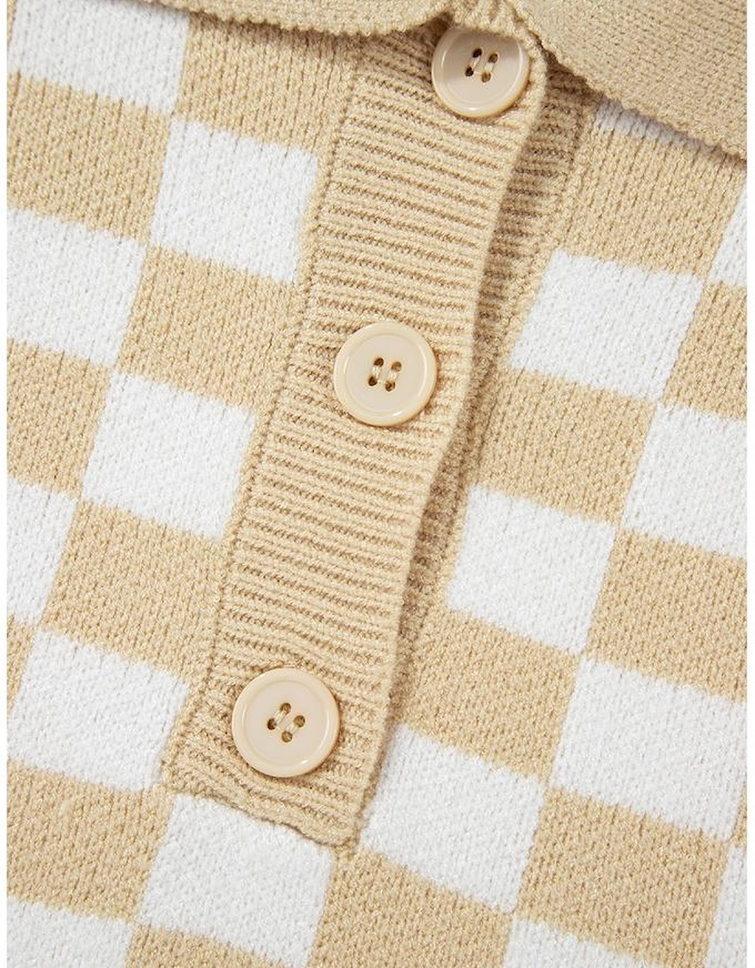 Apricot Checkered Buttons Collar V Neck Drop Shoulder Sweater