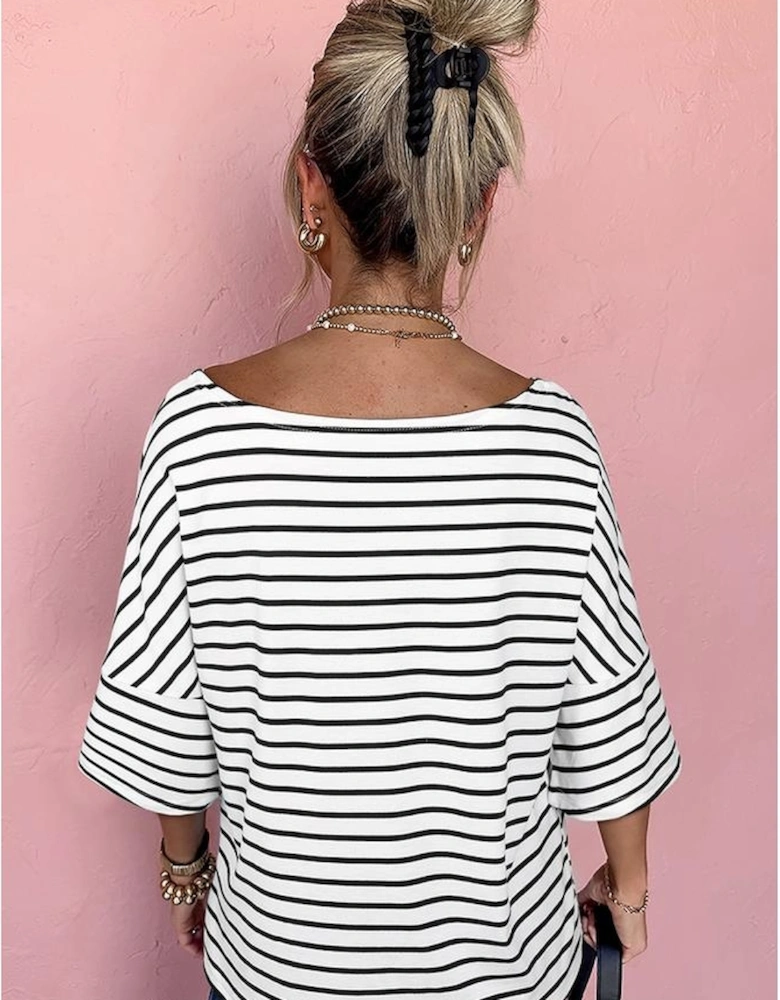 Black Stripe Half Sleeve Scoop Neck Loose Top