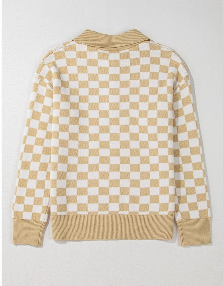 Apricot Checkered Buttons Collar V Neck Drop Shoulder Sweater