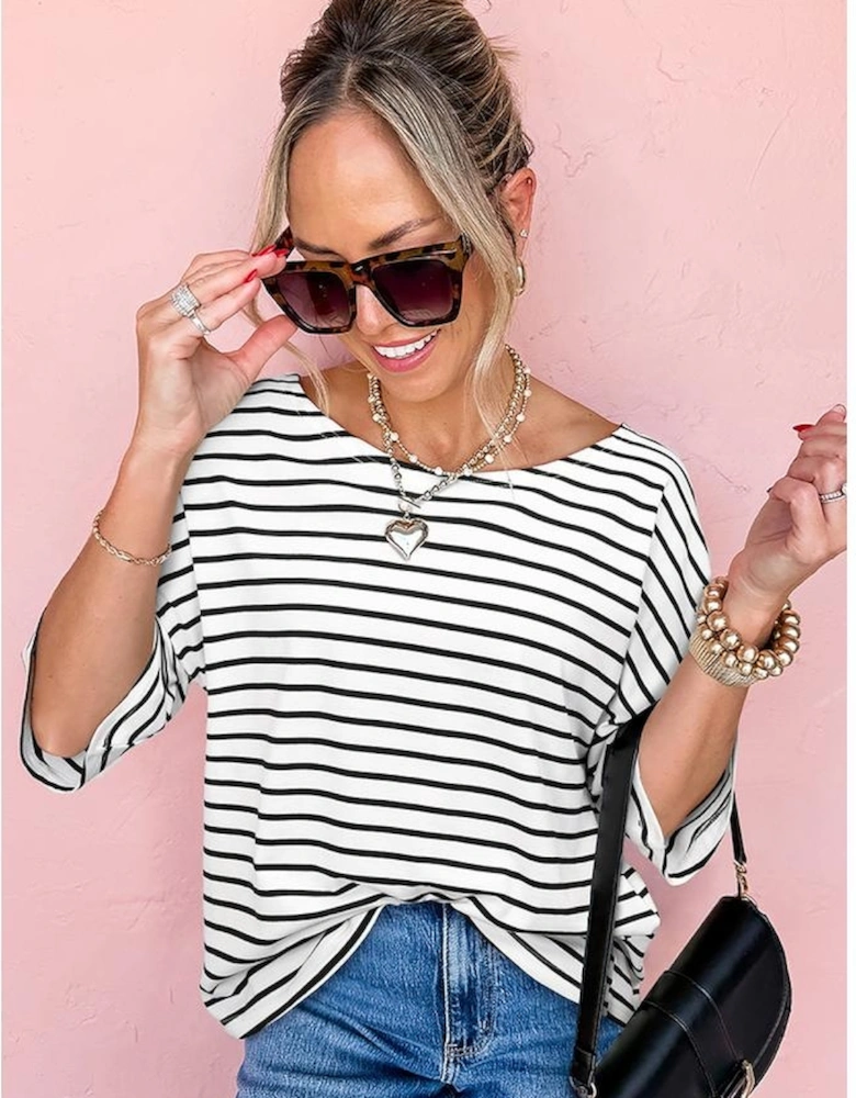 Black Stripe Half Sleeve Scoop Neck Loose Top