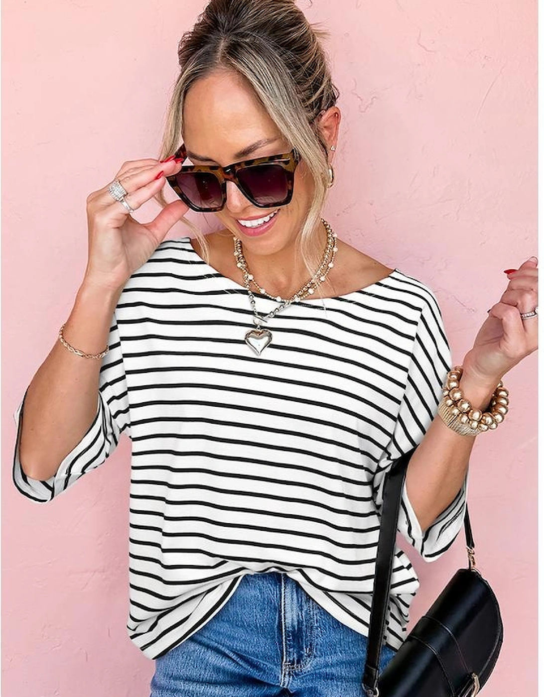 Black Stripe Half Sleeve Scoop Neck Loose Top