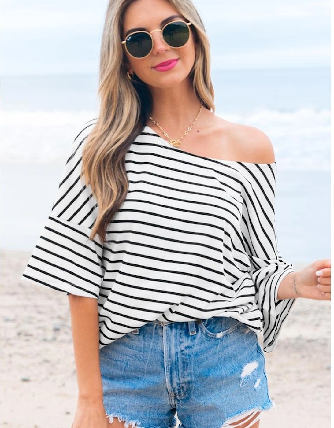 Black Stripe Half Sleeve Scoop Neck Loose Top