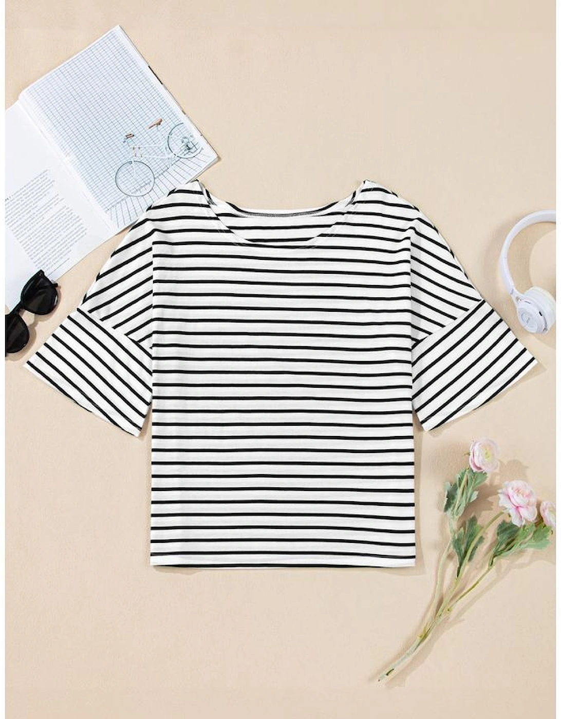 Black Stripe Half Sleeve Scoop Neck Loose Top