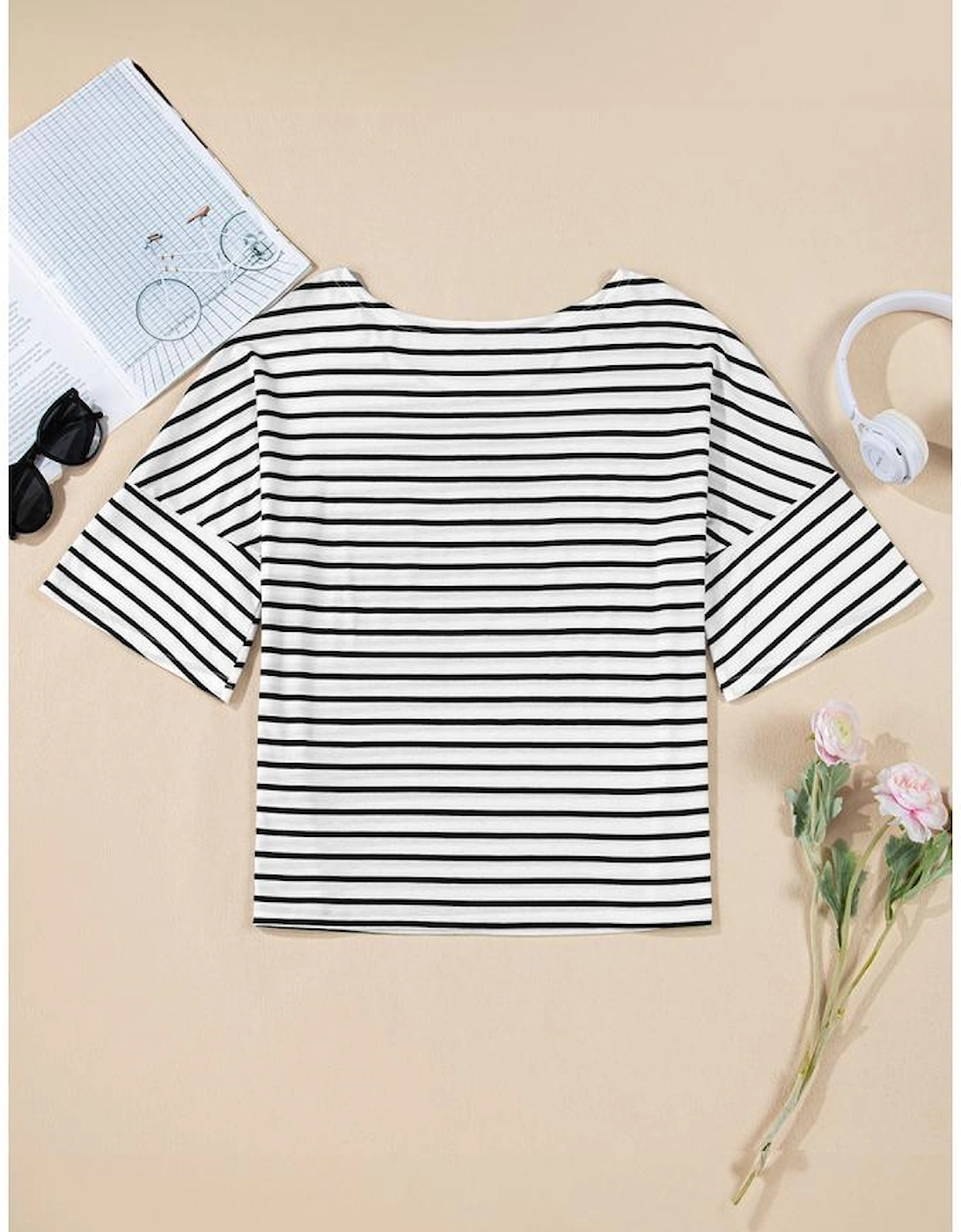 Black Stripe Half Sleeve Scoop Neck Loose Top