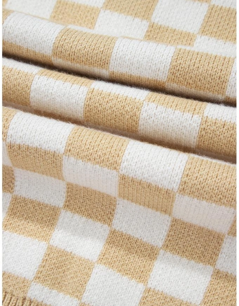 Apricot Checkered Buttons Collar V Neck Drop Shoulder Sweater