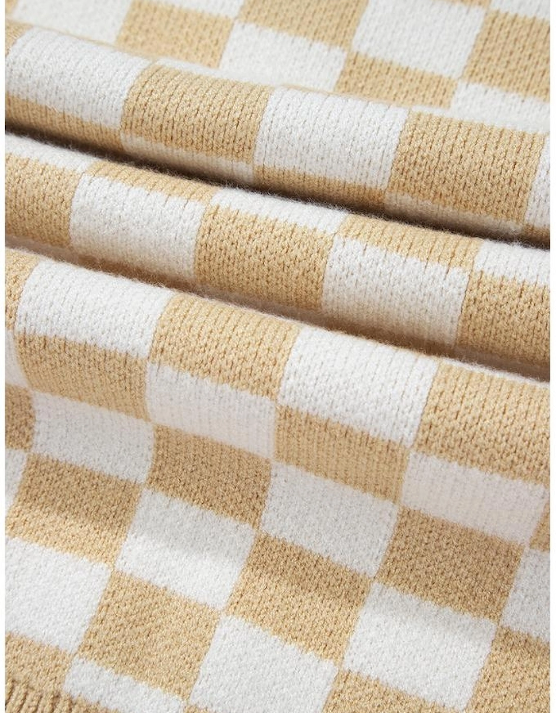 Apricot Checkered Buttons Collar V Neck Drop Shoulder Sweater