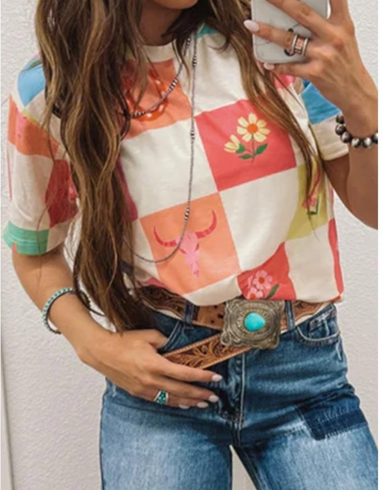 Orange Western Fashion Checker Print Crewneck T Shirt