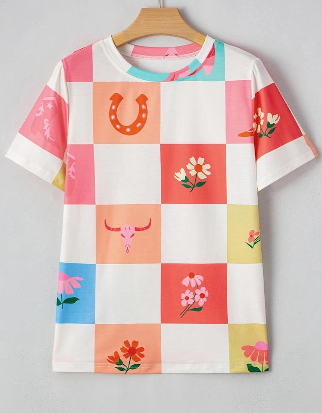 Orange Western Fashion Checker Print Crewneck T Shirt