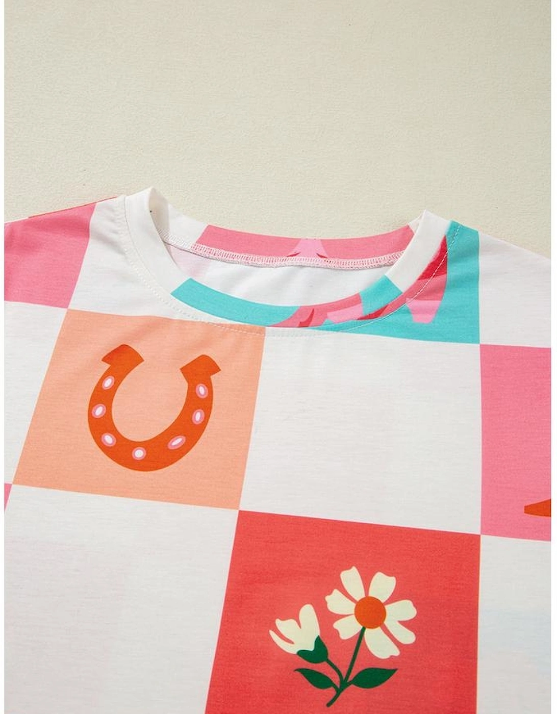 Orange Western Fashion Checker Print Crewneck T Shirt