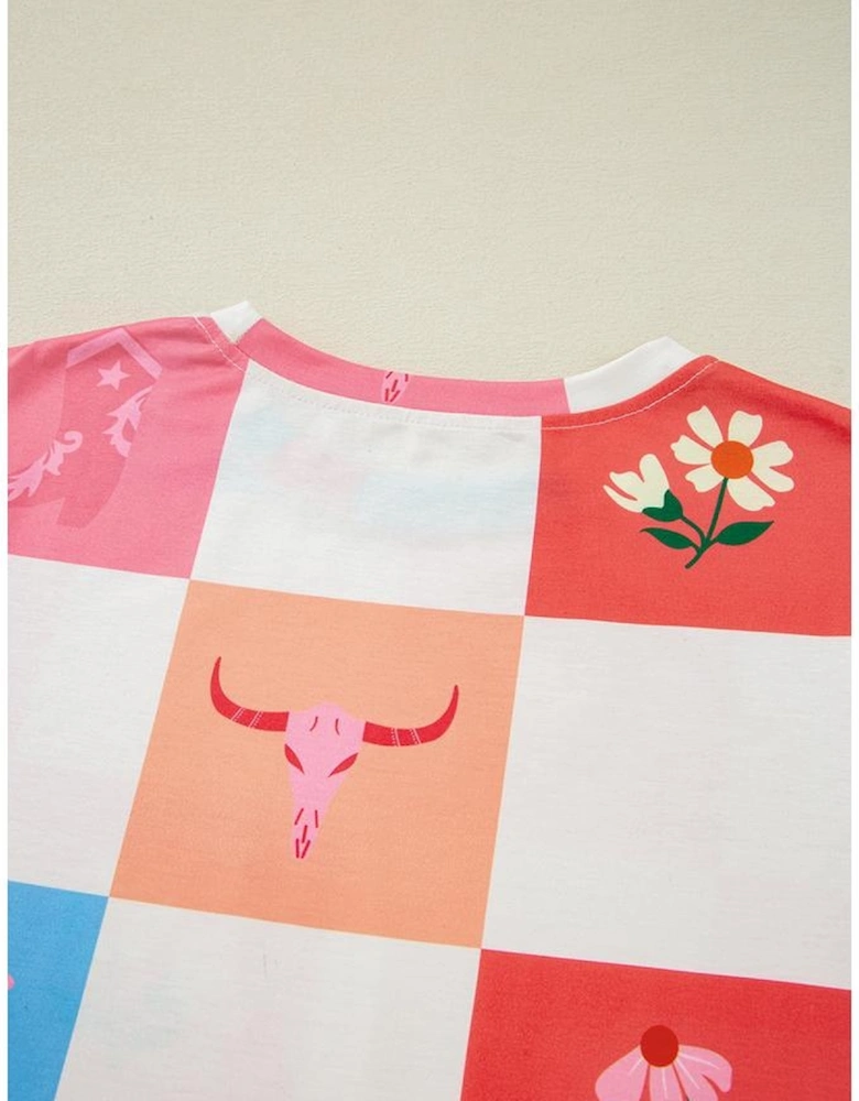 Orange Western Fashion Checker Print Crewneck T Shirt