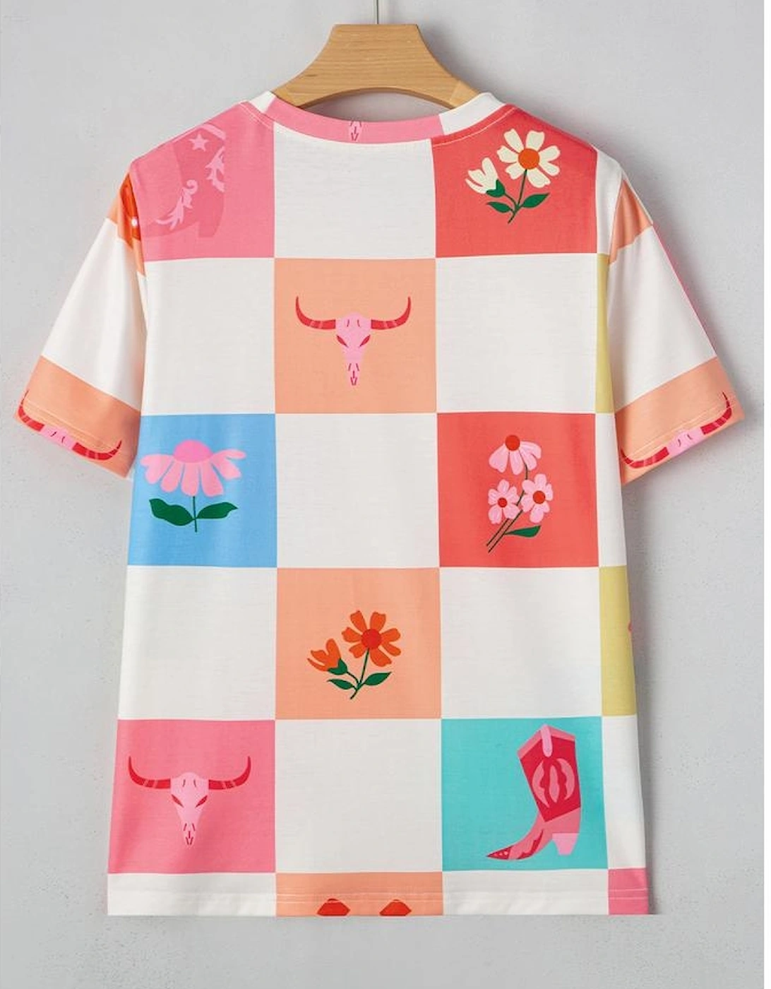 Orange Western Fashion Checker Print Crewneck T Shirt