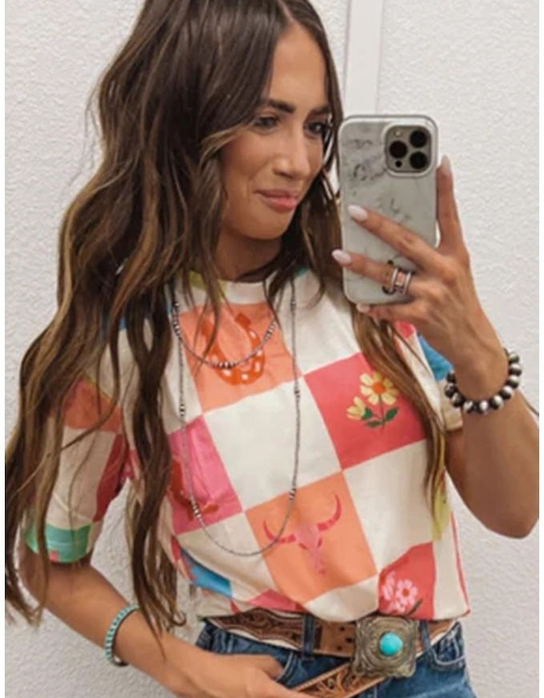 Orange Western Fashion Checker Print Crewneck T Shirt