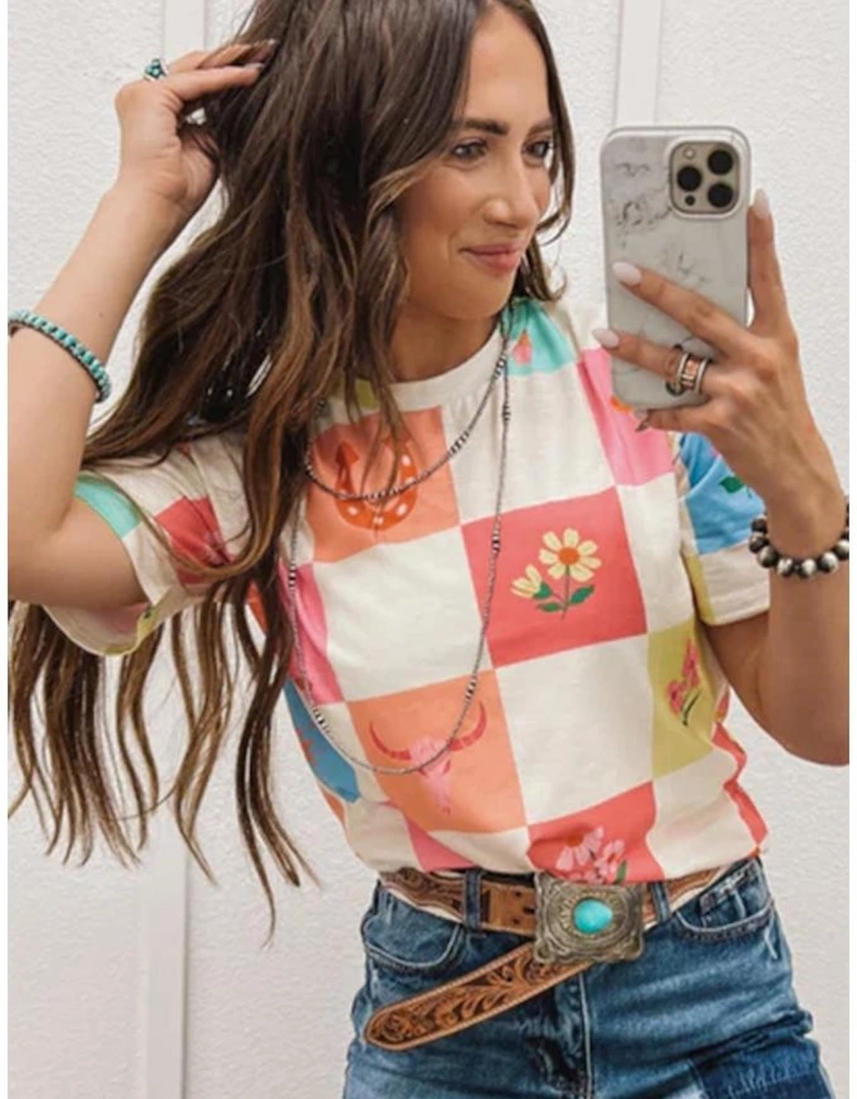 Orange Western Fashion Checker Print Crewneck T Shirt