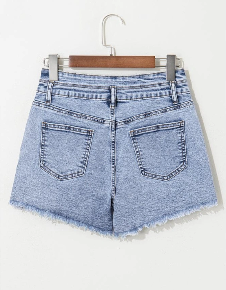 Beau Blue Rhinestone Light Wash Raw Hem High Waist Denim Shorts