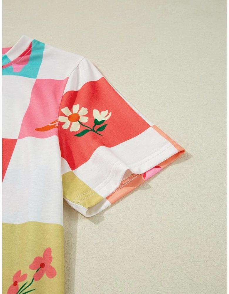 Orange Western Fashion Checker Print Crewneck T Shirt