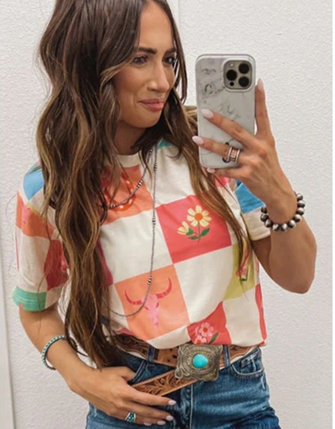 Orange Western Fashion Checker Print Crewneck T Shirt