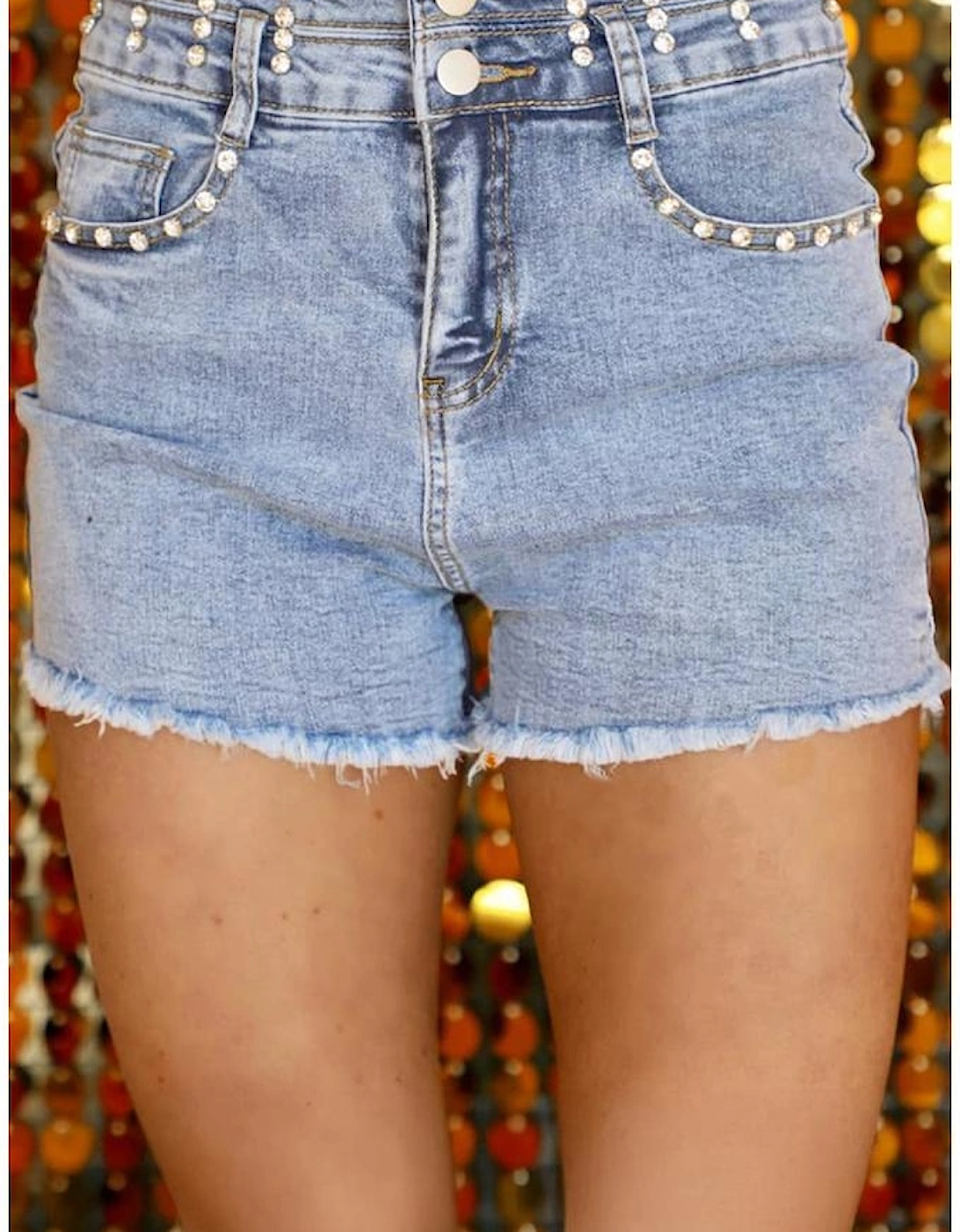 Beau Blue Rhinestone Light Wash Raw Hem High Waist Denim Shorts