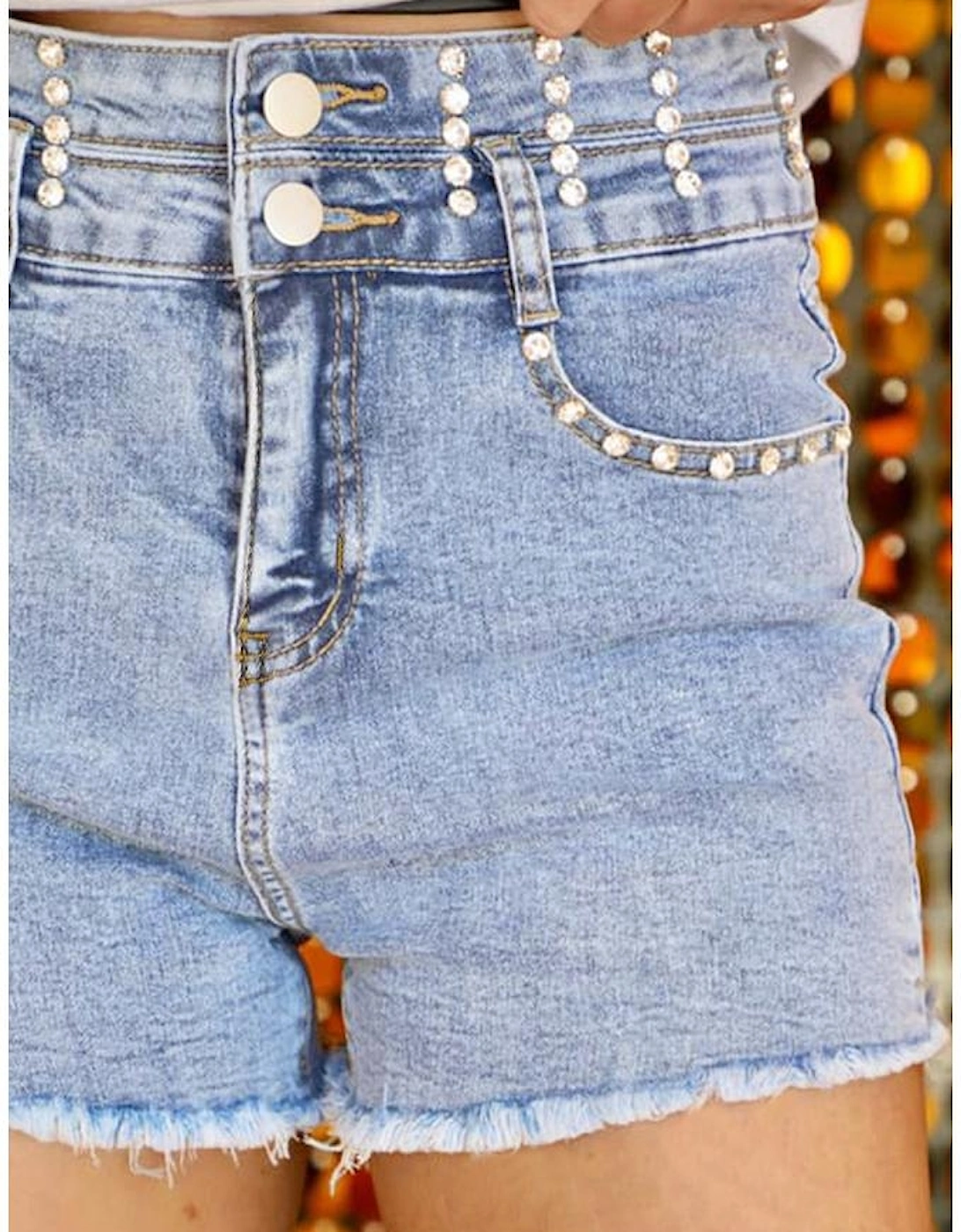 Beau Blue Rhinestone Light Wash Raw Hem High Waist Denim Shorts