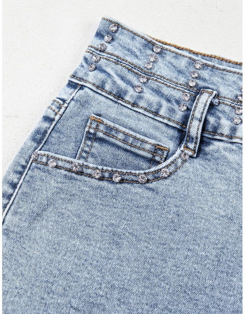 Beau Blue Rhinestone Light Wash Raw Hem High Waist Denim Shorts