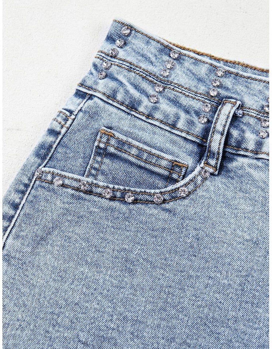 Beau Blue Rhinestone Light Wash Raw Hem High Waist Denim Shorts