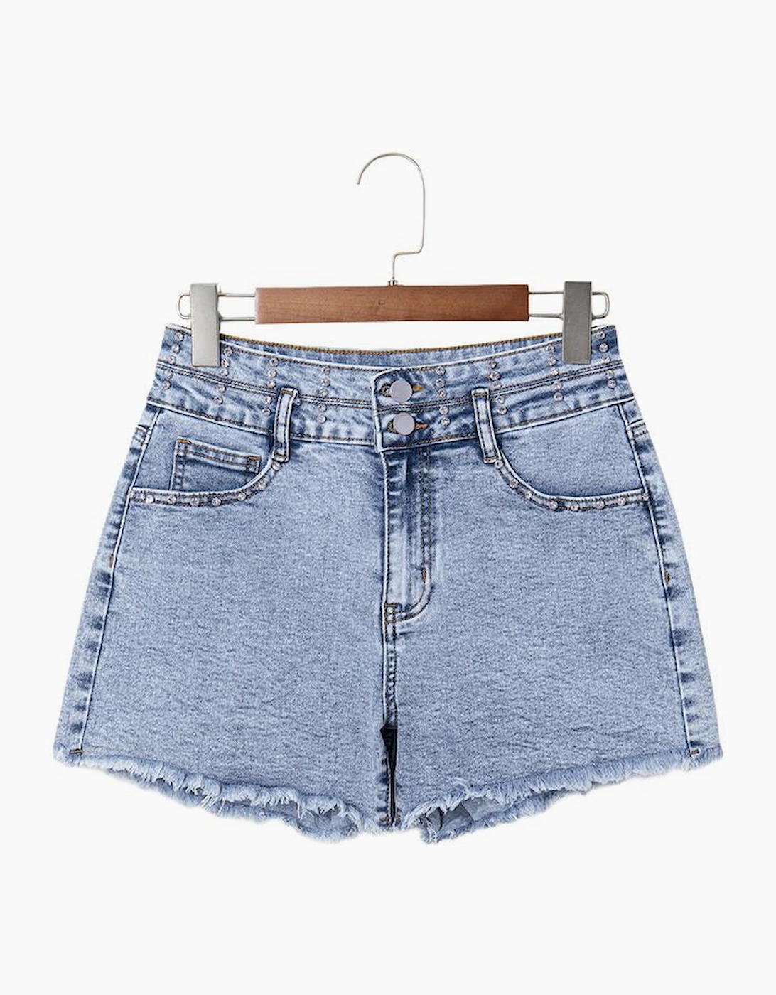 Beau Blue Rhinestone Light Wash Raw Hem High Waist Denim Shorts