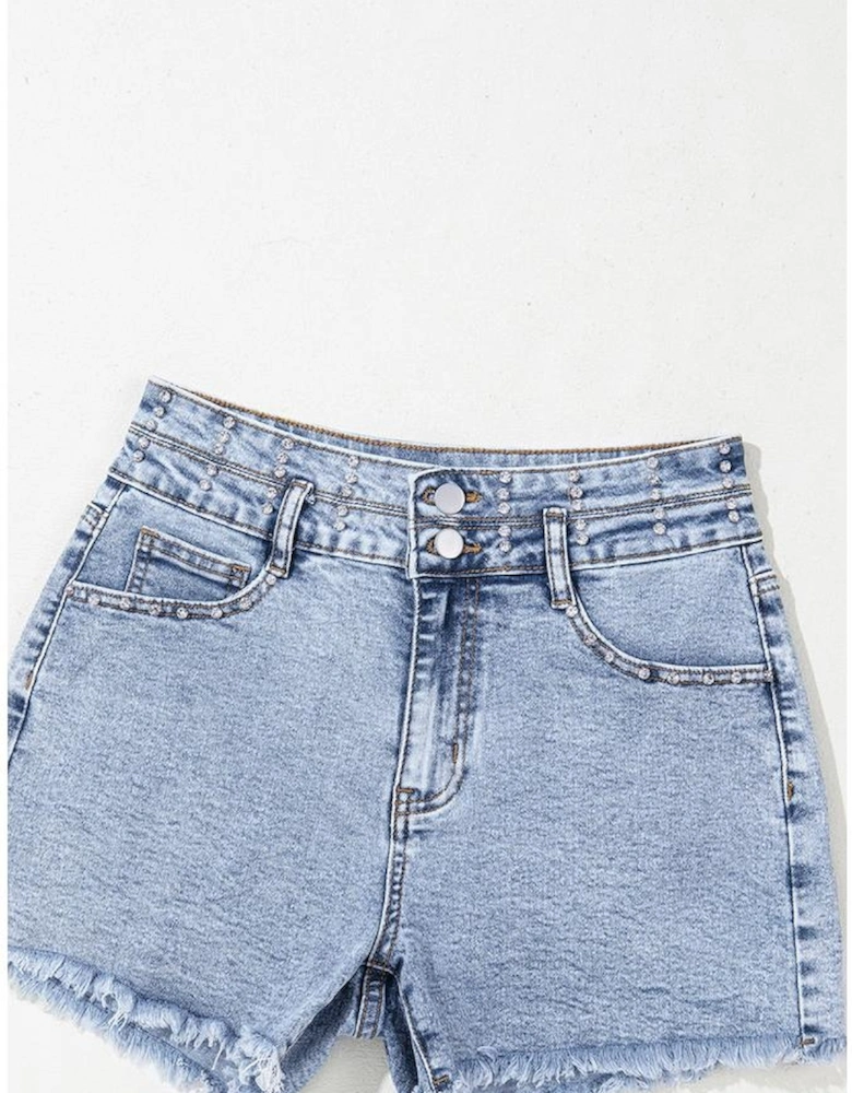 Beau Blue Rhinestone Light Wash Raw Hem High Waist Denim Shorts