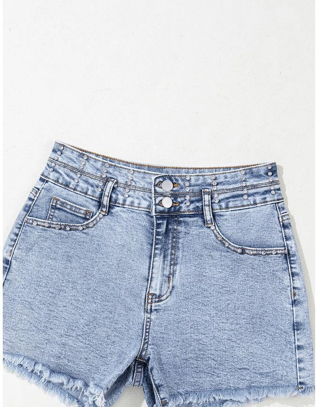 Beau Blue Rhinestone Light Wash Raw Hem High Waist Denim Shorts