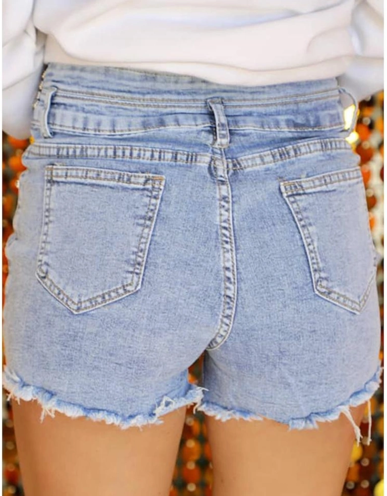 Beau Blue Rhinestone Light Wash Raw Hem High Waist Denim Shorts
