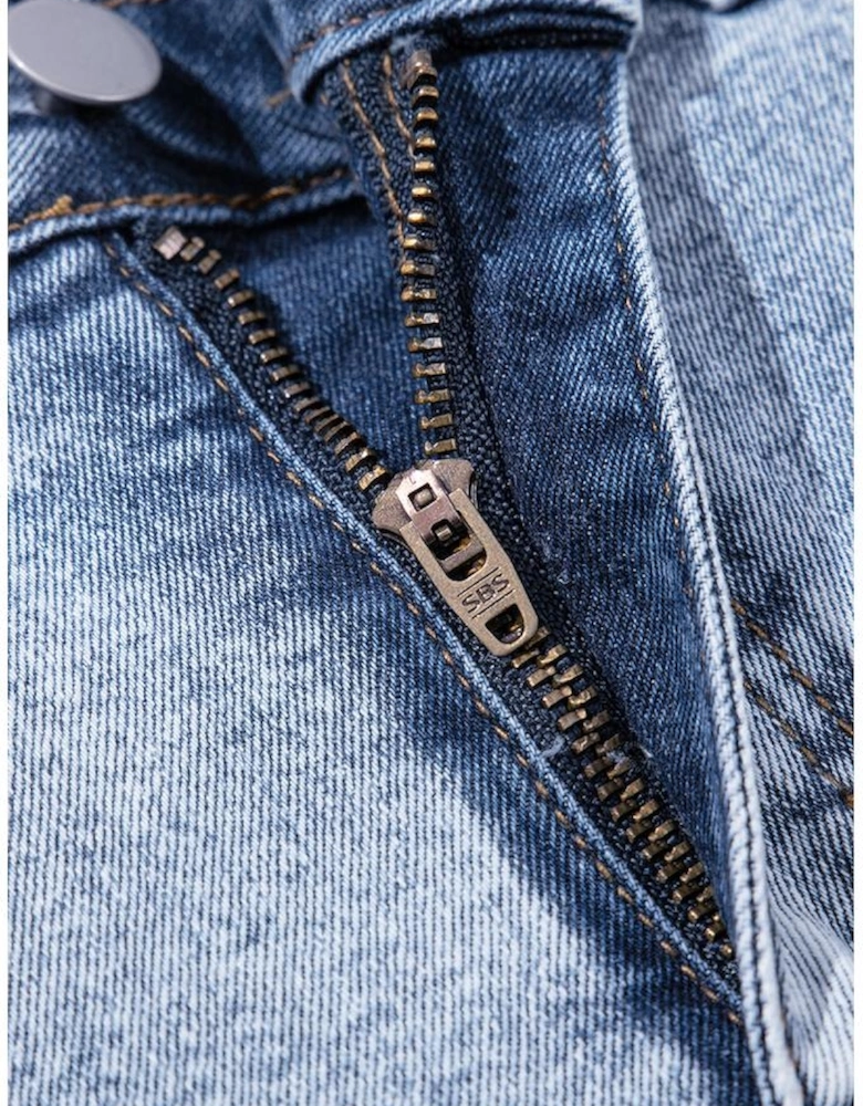 Beau Blue Rhinestone Light Wash Raw Hem High Waist Denim Shorts