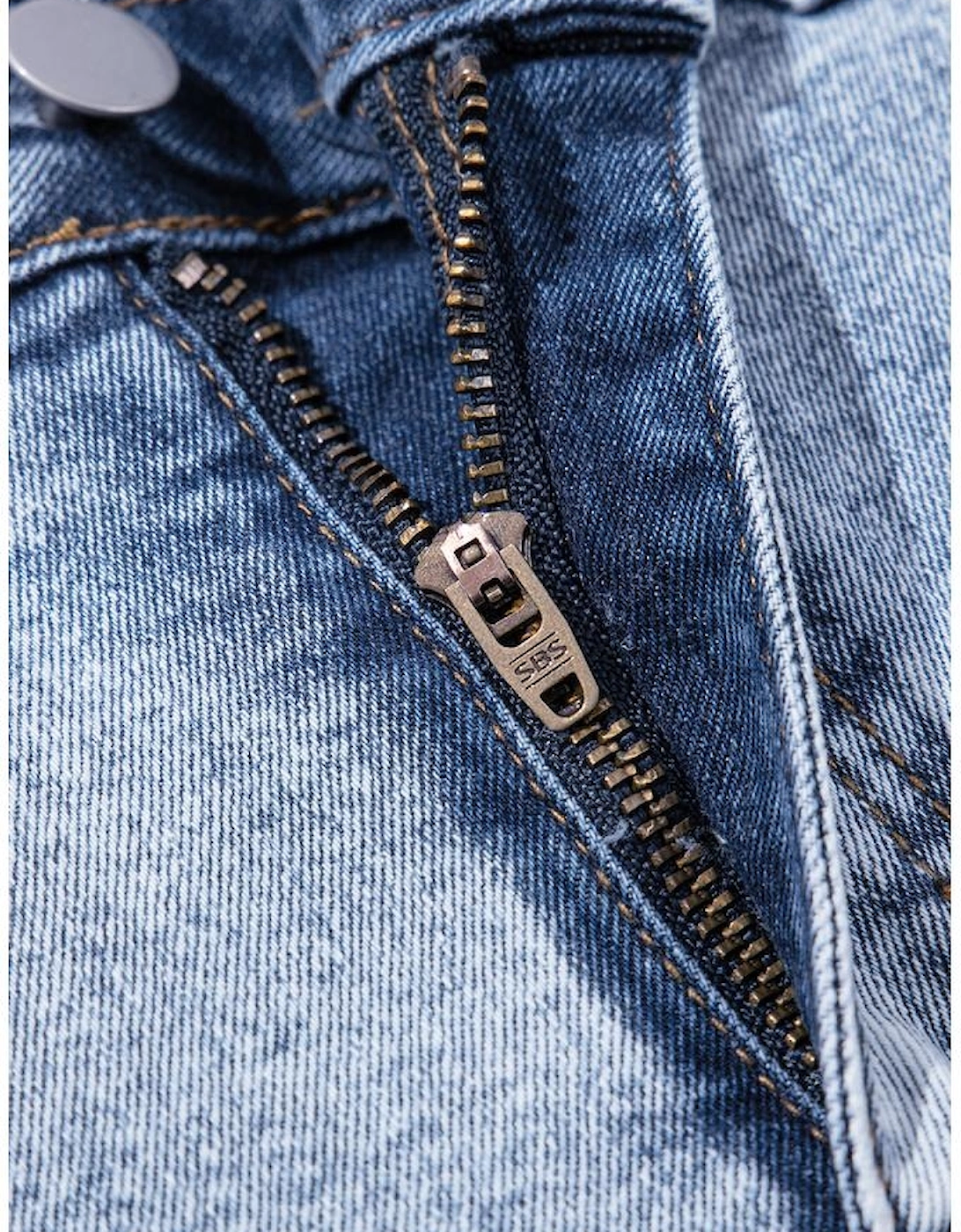 Beau Blue Rhinestone Light Wash Raw Hem High Waist Denim Shorts