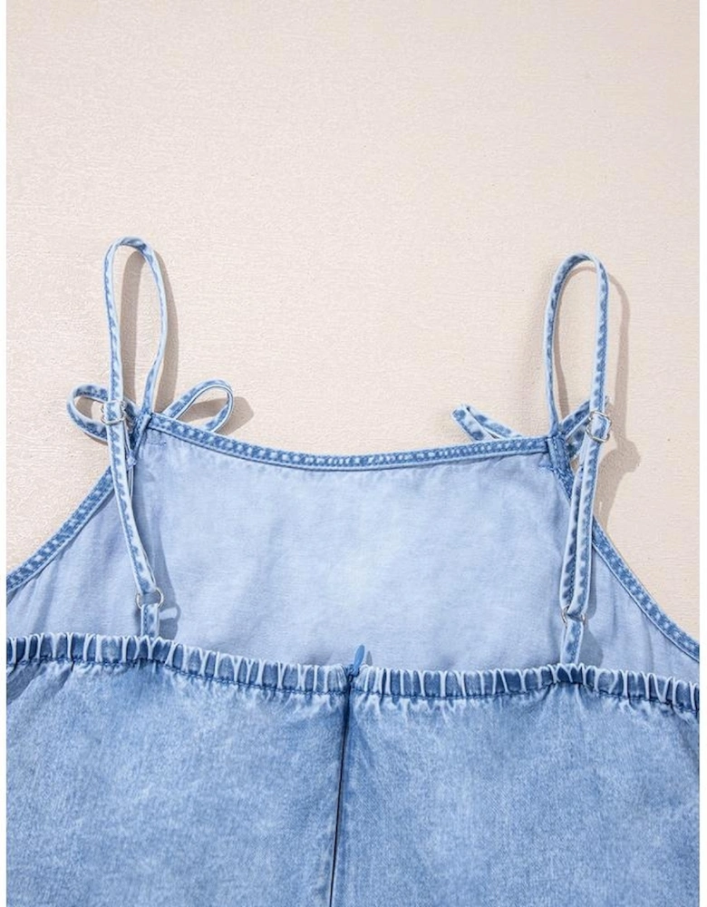 Beau Blue Bow Detail Spaghetti Straps Ruffle Hem Denim Short Dress