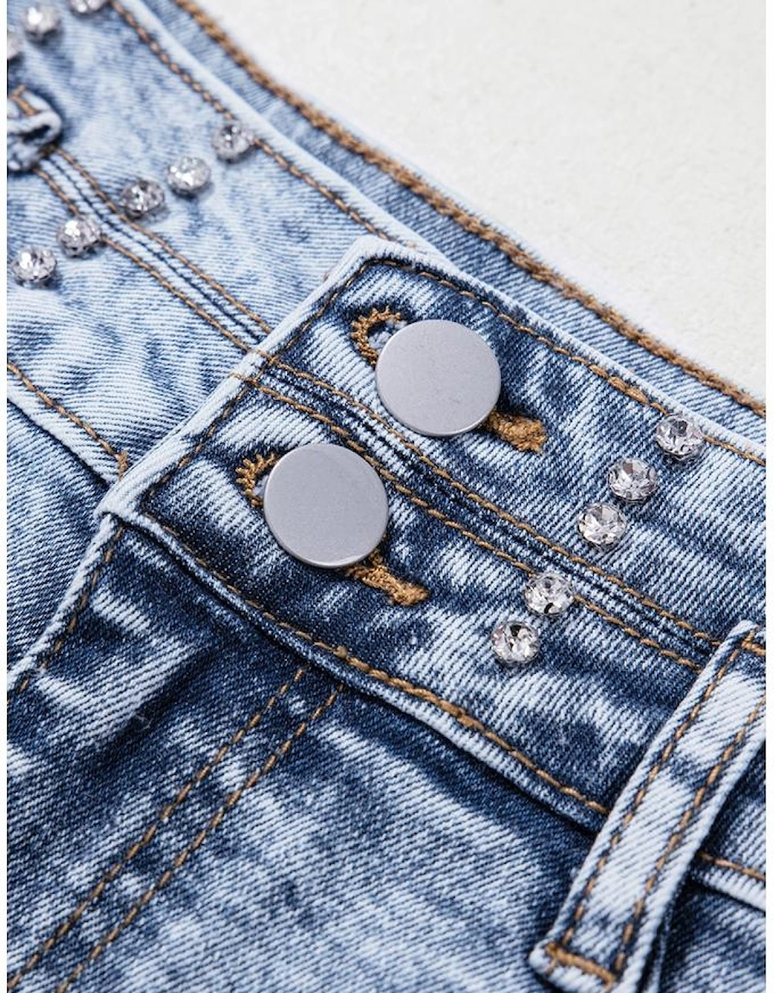 Beau Blue Rhinestone Light Wash Raw Hem High Waist Denim Shorts