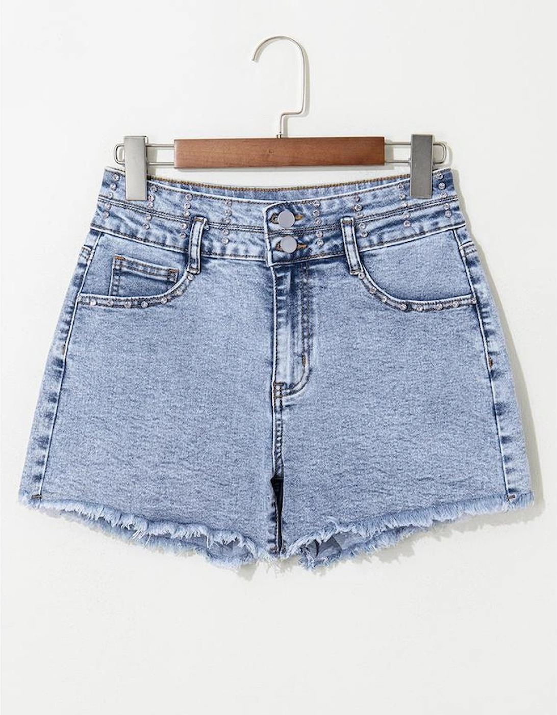 Beau Blue Rhinestone Light Wash Raw Hem High Waist Denim Shorts