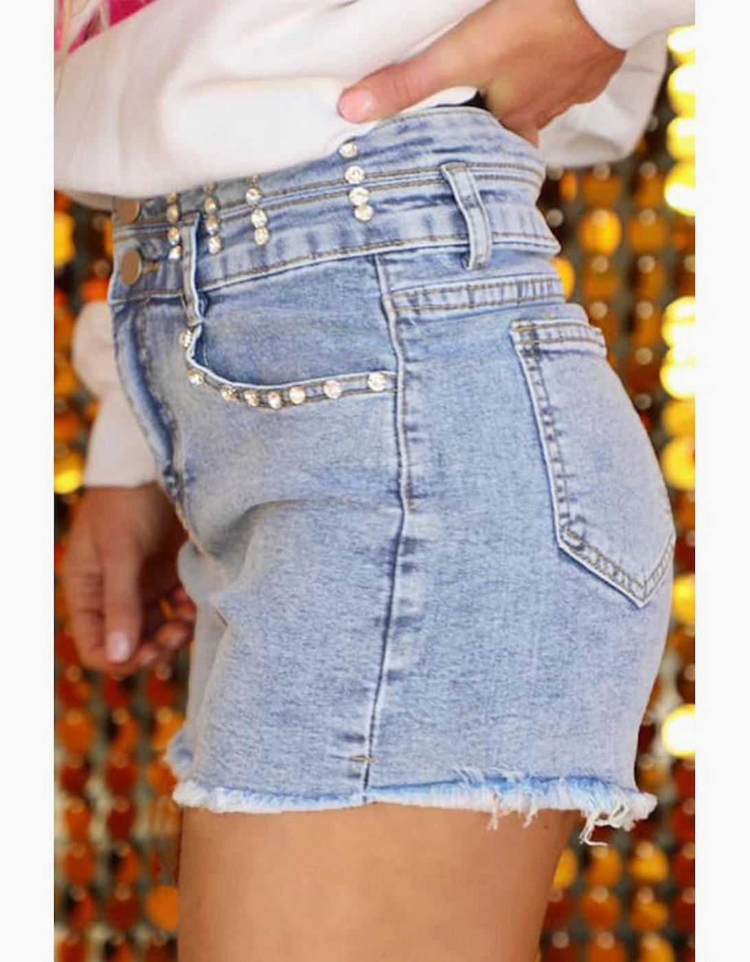 Beau Blue Rhinestone Light Wash Raw Hem High Waist Denim Shorts