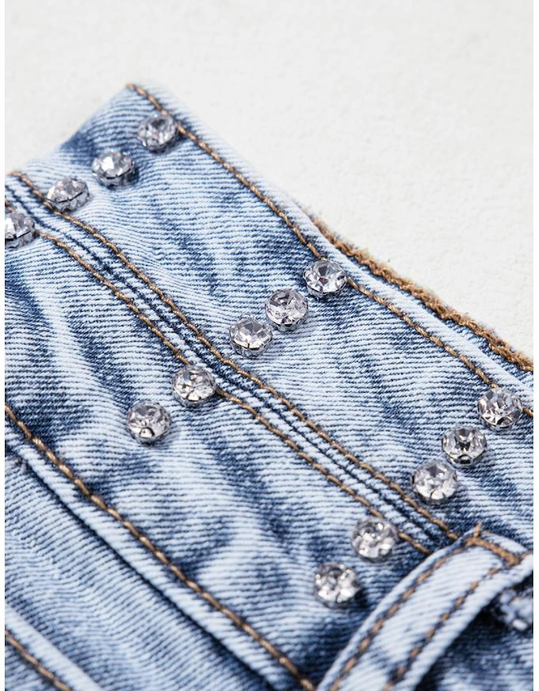 Beau Blue Rhinestone Light Wash Raw Hem High Waist Denim Shorts