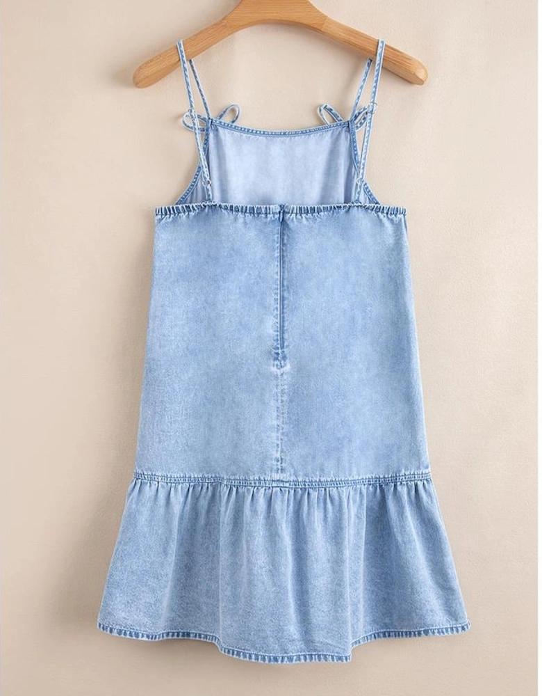 Beau Blue Bow Detail Spaghetti Straps Ruffle Hem Denim Short Dress