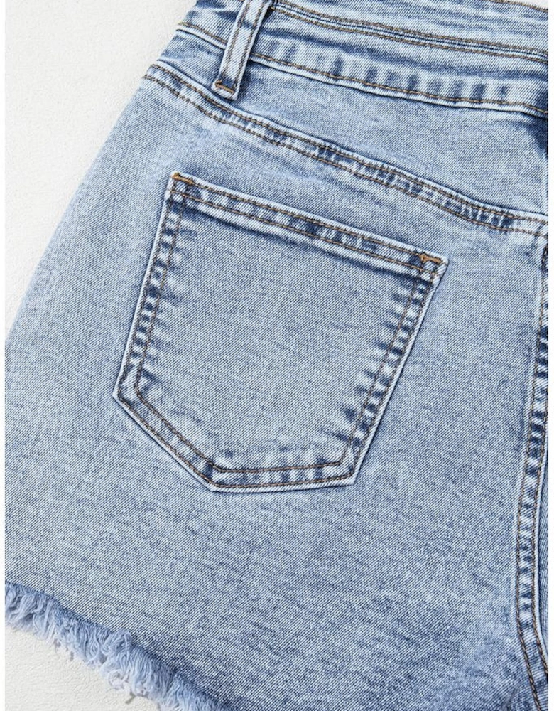 Beau Blue Rhinestone Light Wash Raw Hem High Waist Denim Shorts