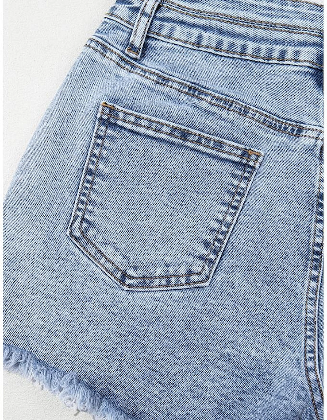 Beau Blue Rhinestone Light Wash Raw Hem High Waist Denim Shorts