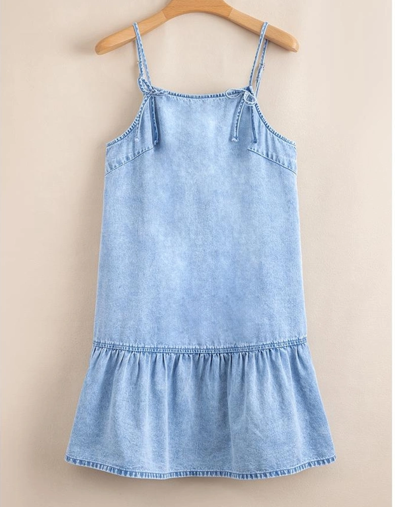 Beau Blue Bow Detail Spaghetti Straps Ruffle Hem Denim Short Dress