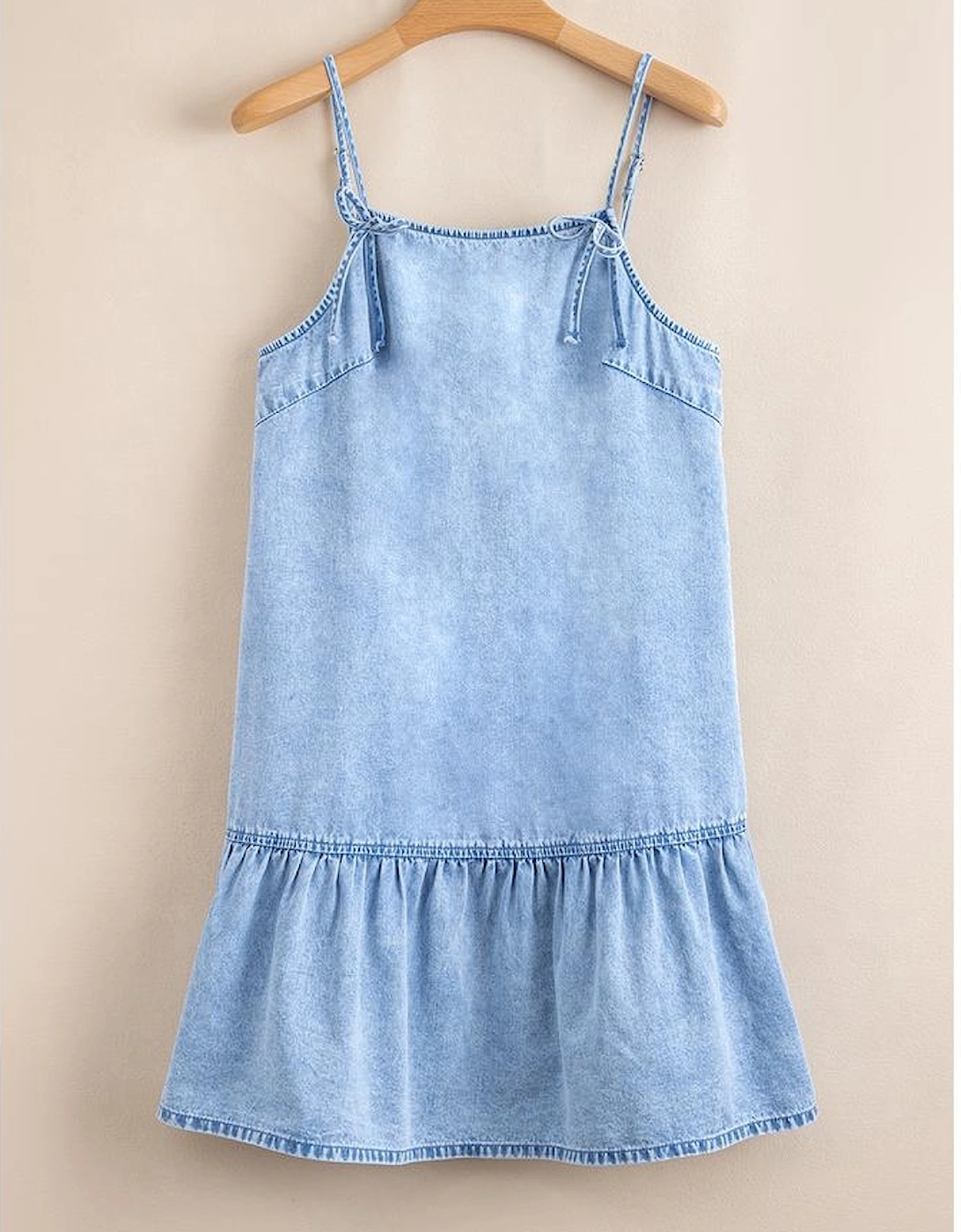 Beau Blue Bow Detail Spaghetti Straps Ruffle Hem Denim Short Dress
