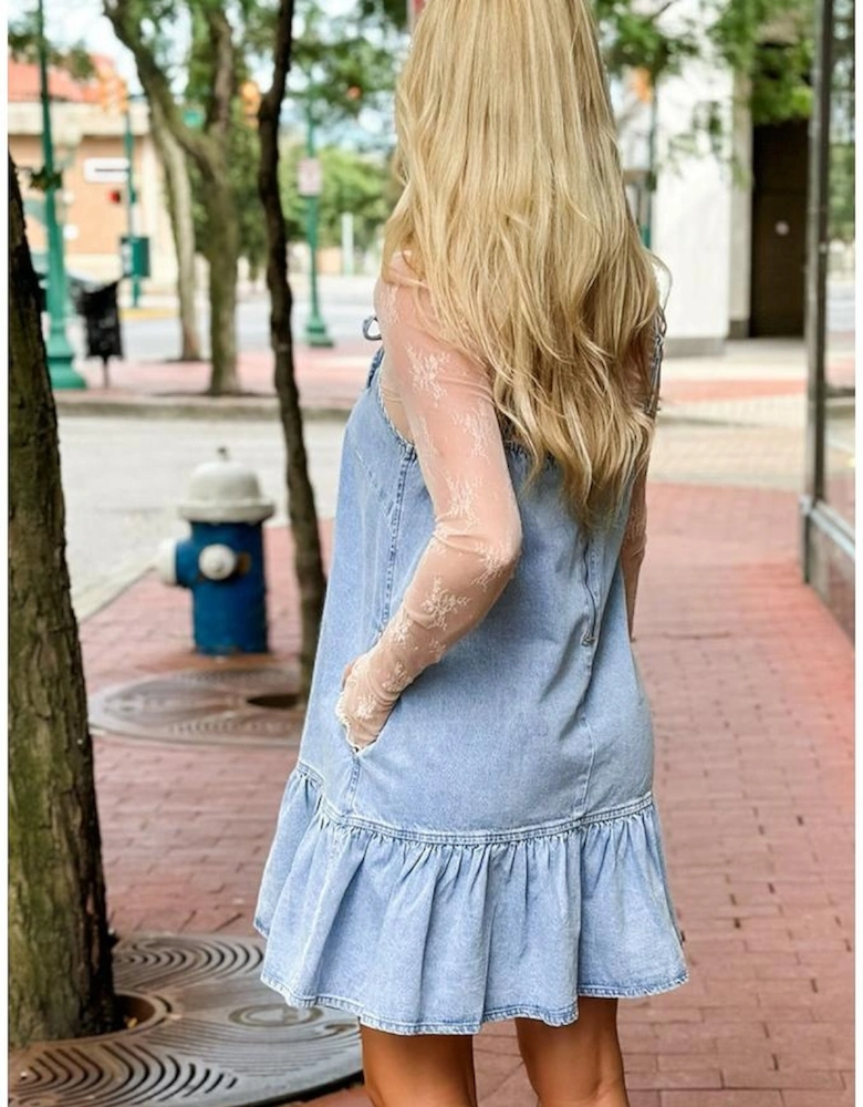 Beau Blue Bow Detail Spaghetti Straps Ruffle Hem Denim Short Dress