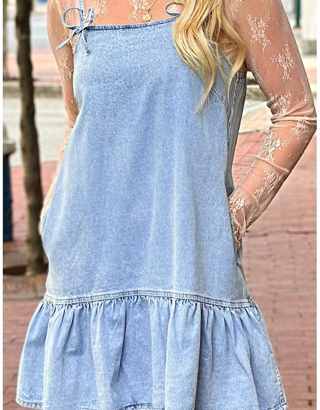 Beau Blue Bow Detail Spaghetti Straps Ruffle Hem Denim Short Dress