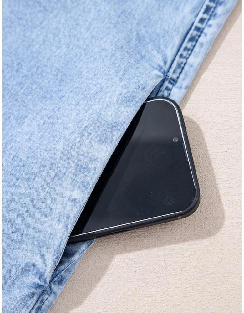 Beau Blue Bow Detail Spaghetti Straps Ruffle Hem Denim Short Dress