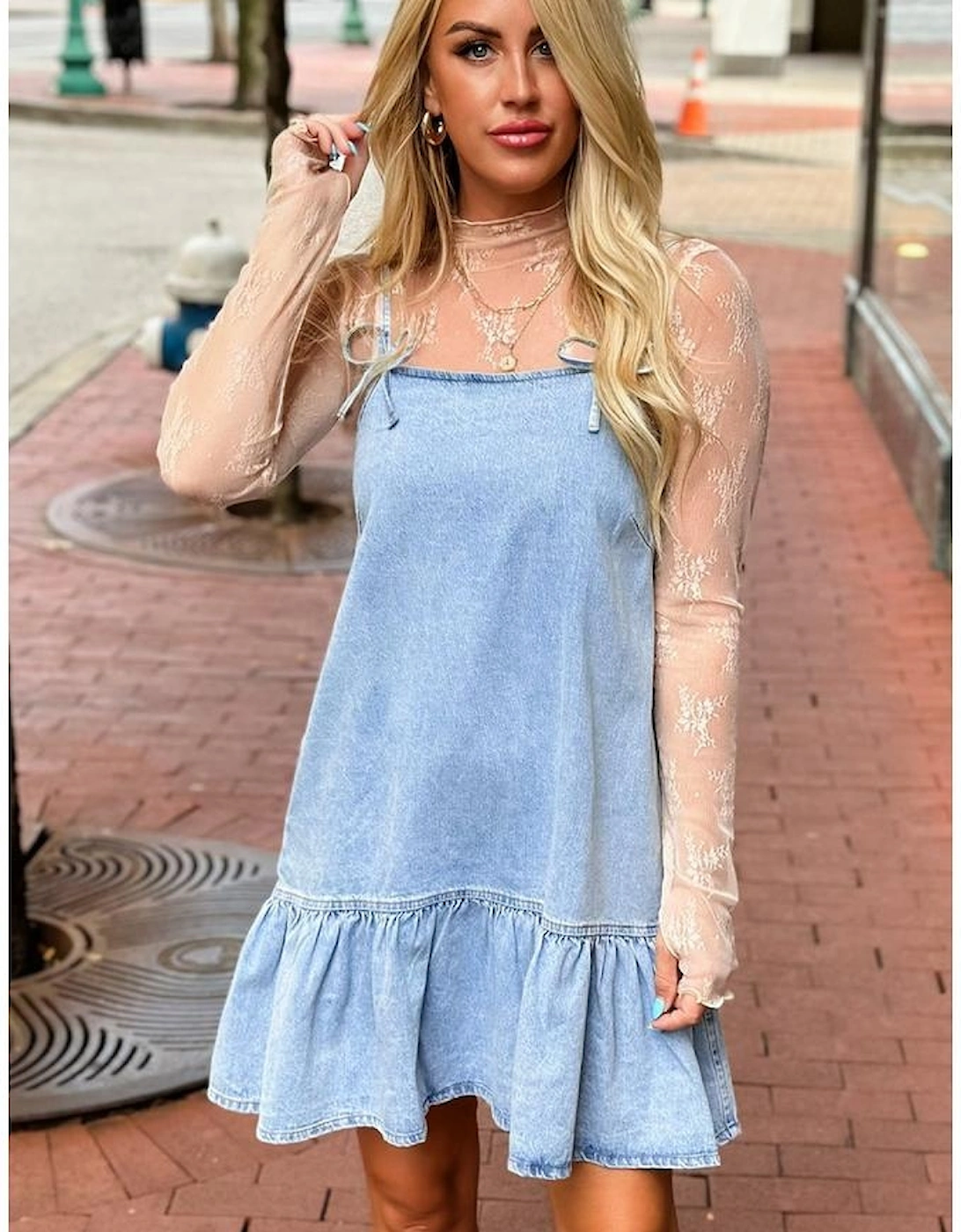 Beau Blue Bow Detail Spaghetti Straps Ruffle Hem Denim Short Dress