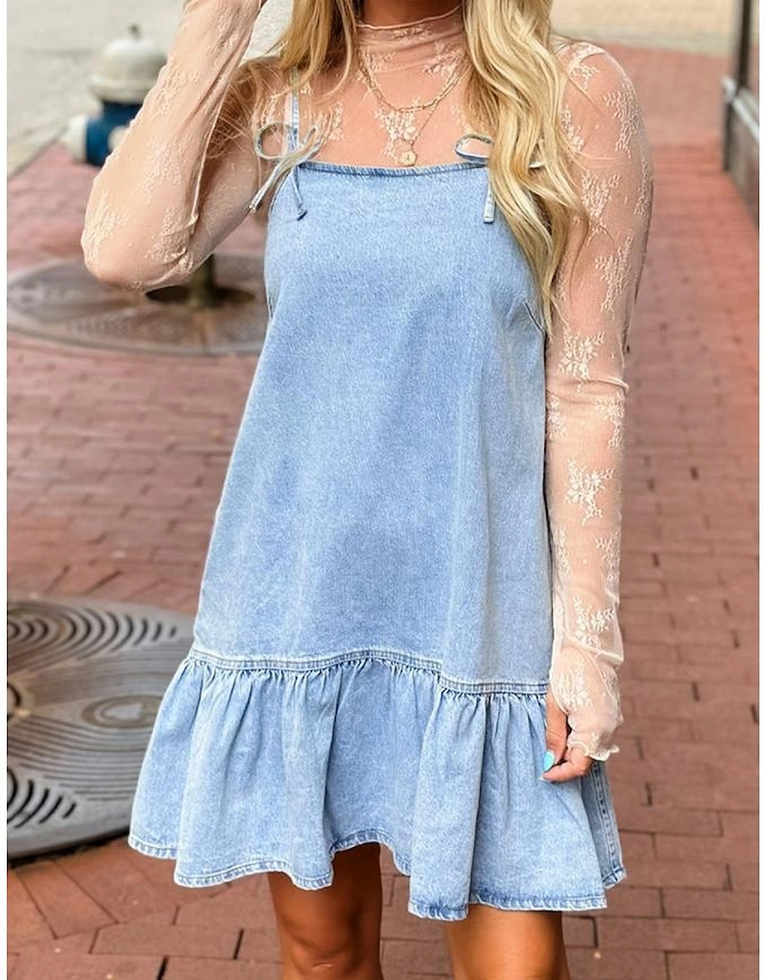 Beau Blue Bow Detail Spaghetti Straps Ruffle Hem Denim Short Dress