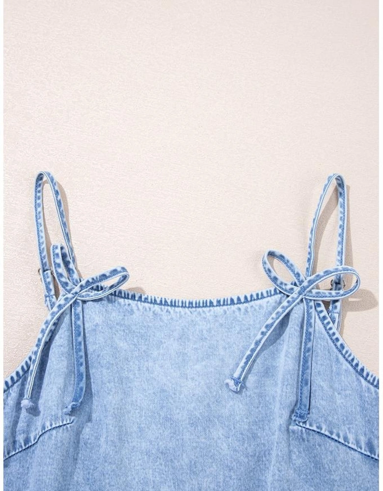 Beau Blue Bow Detail Spaghetti Straps Ruffle Hem Denim Short Dress